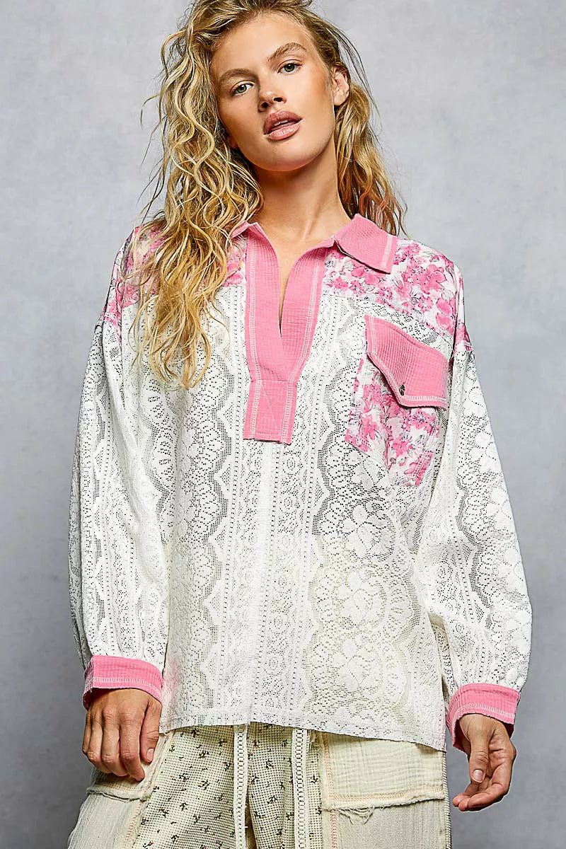 POL Candy Pink Floral Print Long Sleeve Lace Shirt with Front Pocket CANDY PINK