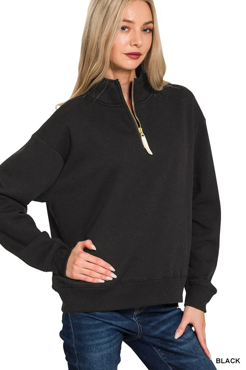 Zenana Black Fleece Half Zip Sweatshirt