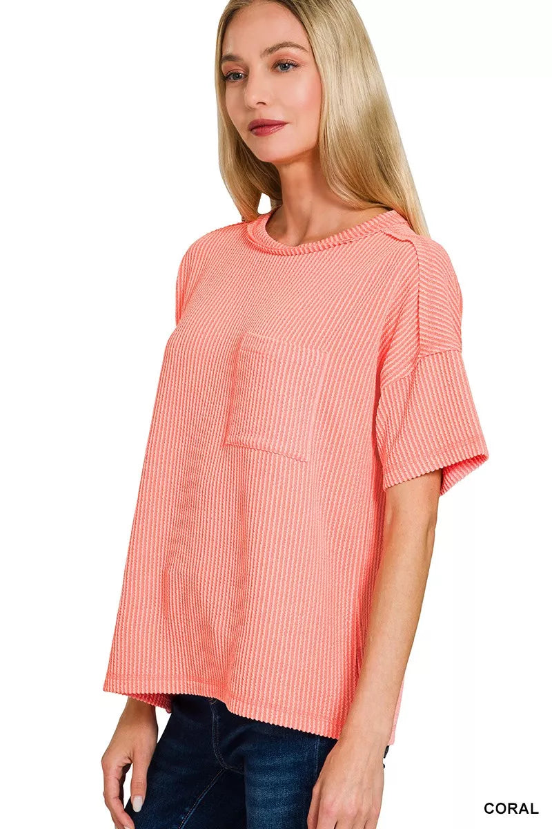 Zenana Coral Raised Rib Exposed Seam Short Sleeve Top