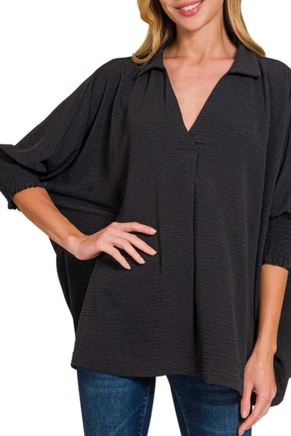 Zenana Black Airflow Collar Tee with Smocked Sleeve Band Top