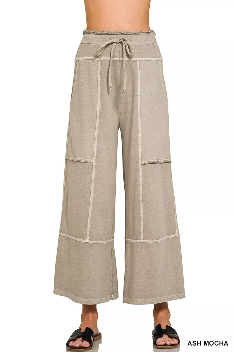 Zenana Ash Mocha French Terry Washed Exposed-seam Wide Leg Pants ASH MOCHA