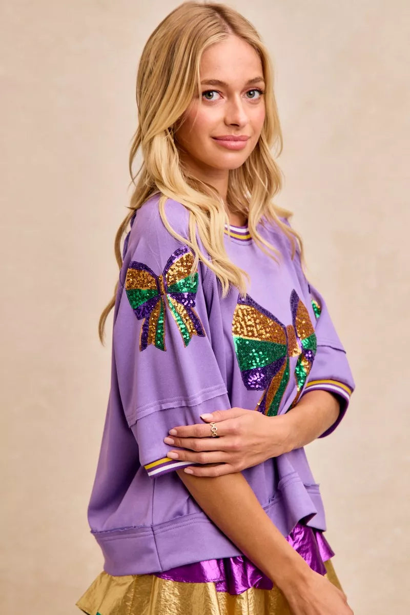 BiBi Lavender Mardi Gras Theme Ribbon Sequin Patched Top