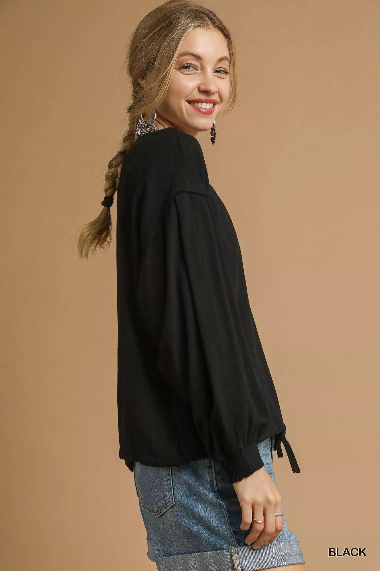 Umgee Black Linen Long Sleeve Top with Drawstring
