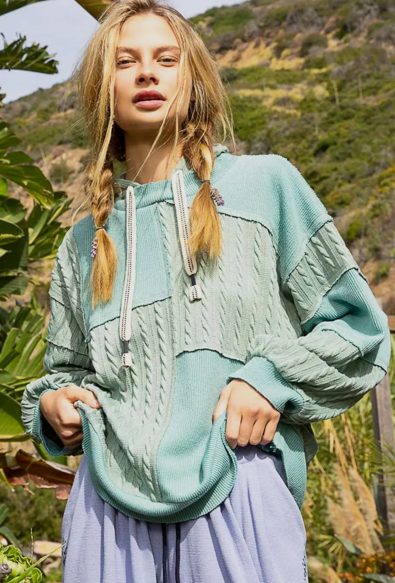 POL Balloon Sleeve Cut Sew Sweater Knit Top in Jade Green Womens