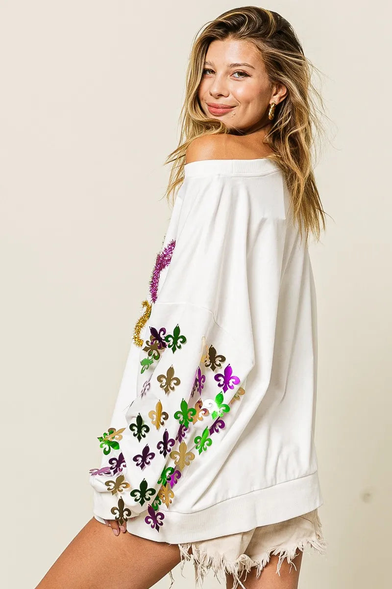 BiBi Off White Fleur De Lis Sleeve Mardi Gras Pullover