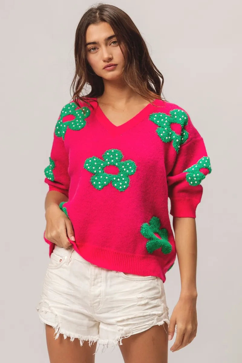 BiBi Fuchsia & Jade Pearl Beads Flowers Sweater Top