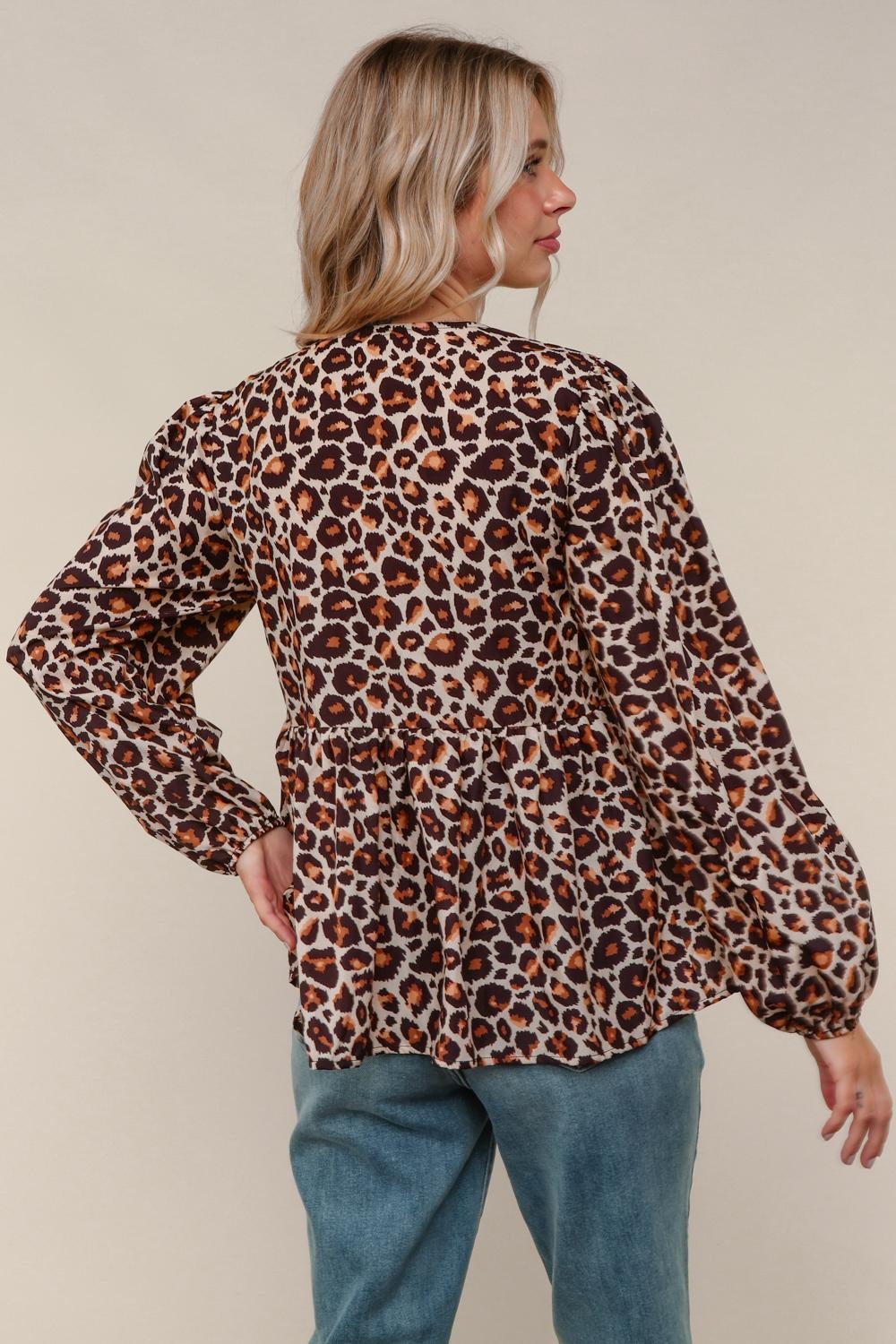 Haptics Leopard Print Front Ribbon Bow Tie Babydoll Woven Blouse