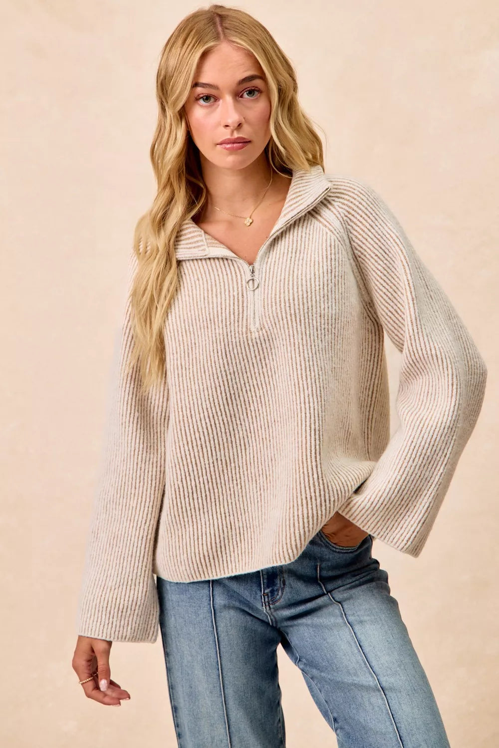 BiBi Taupe Two Tone Rib Texured Knit Collared Top with Zip Up