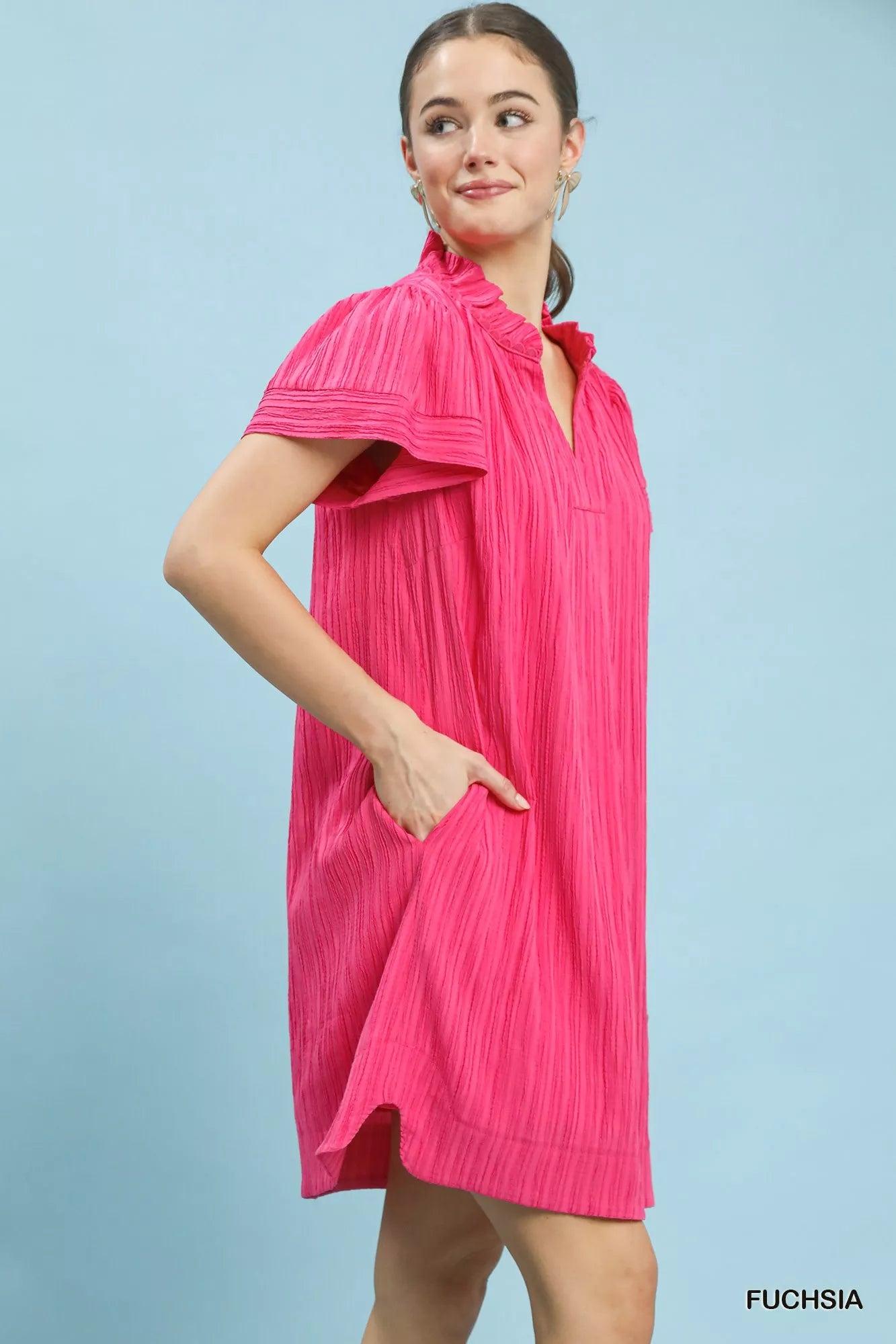 Umgee Flutter Sleeve V-Neck Shift Dress