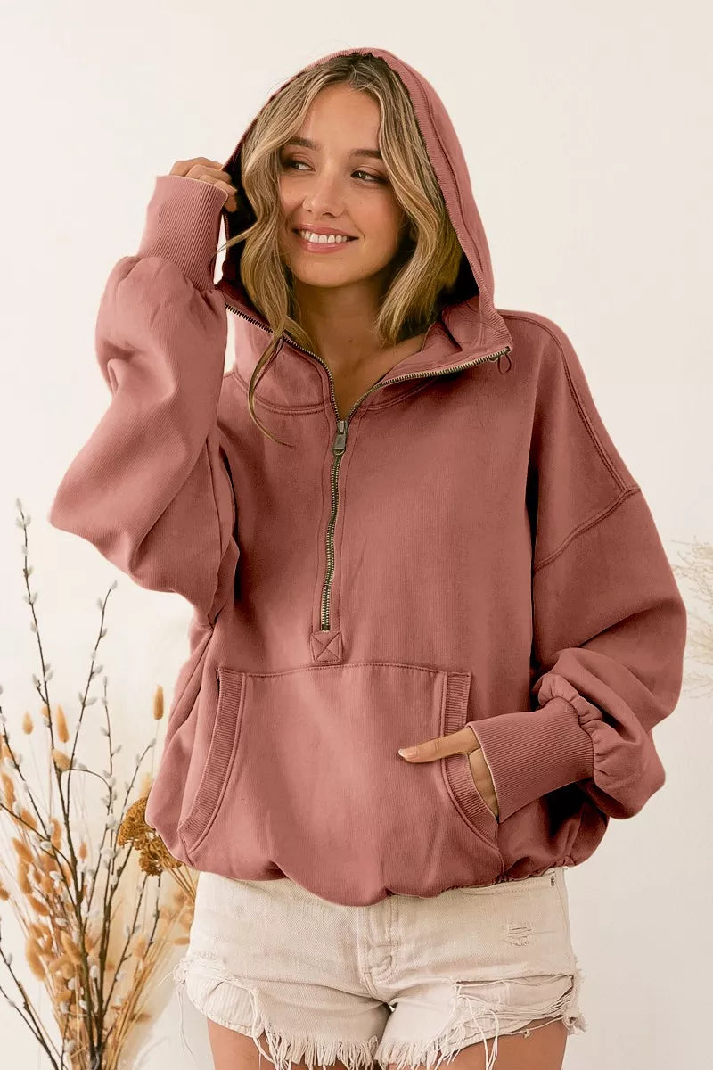 BiBi Terracotta Stitch Detailed Elastic Hem Half Zip Fleece Hoodie TERRACOTTA