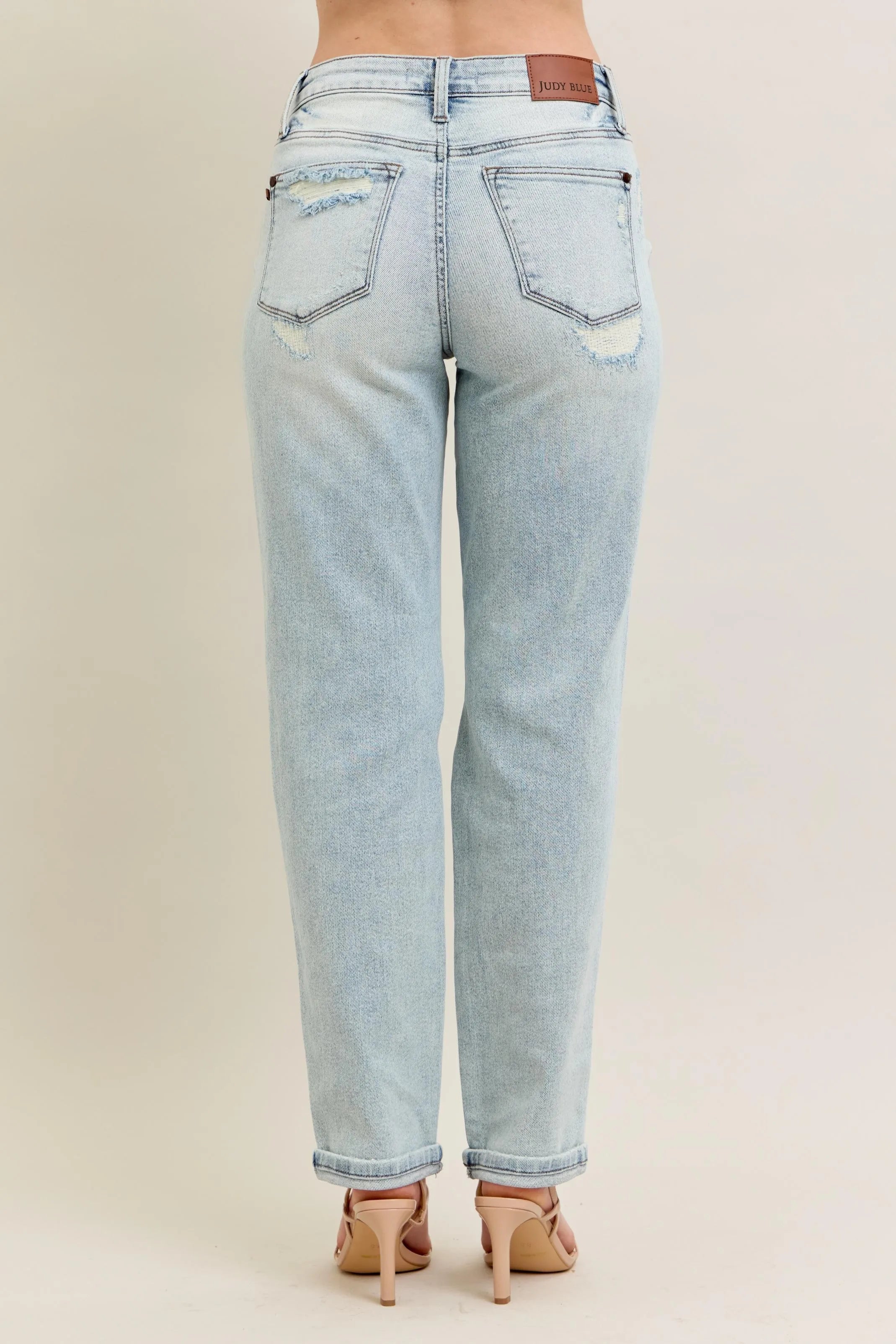 Judy Blue Midrise Repair Stitch Detail Destroy Single Cuff Boyfriend Jeans