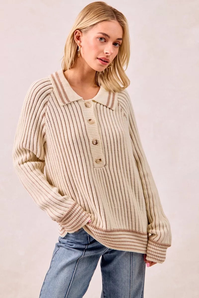 BiBi Cream & Latte Half Button Ribbed Two Tone Sweater