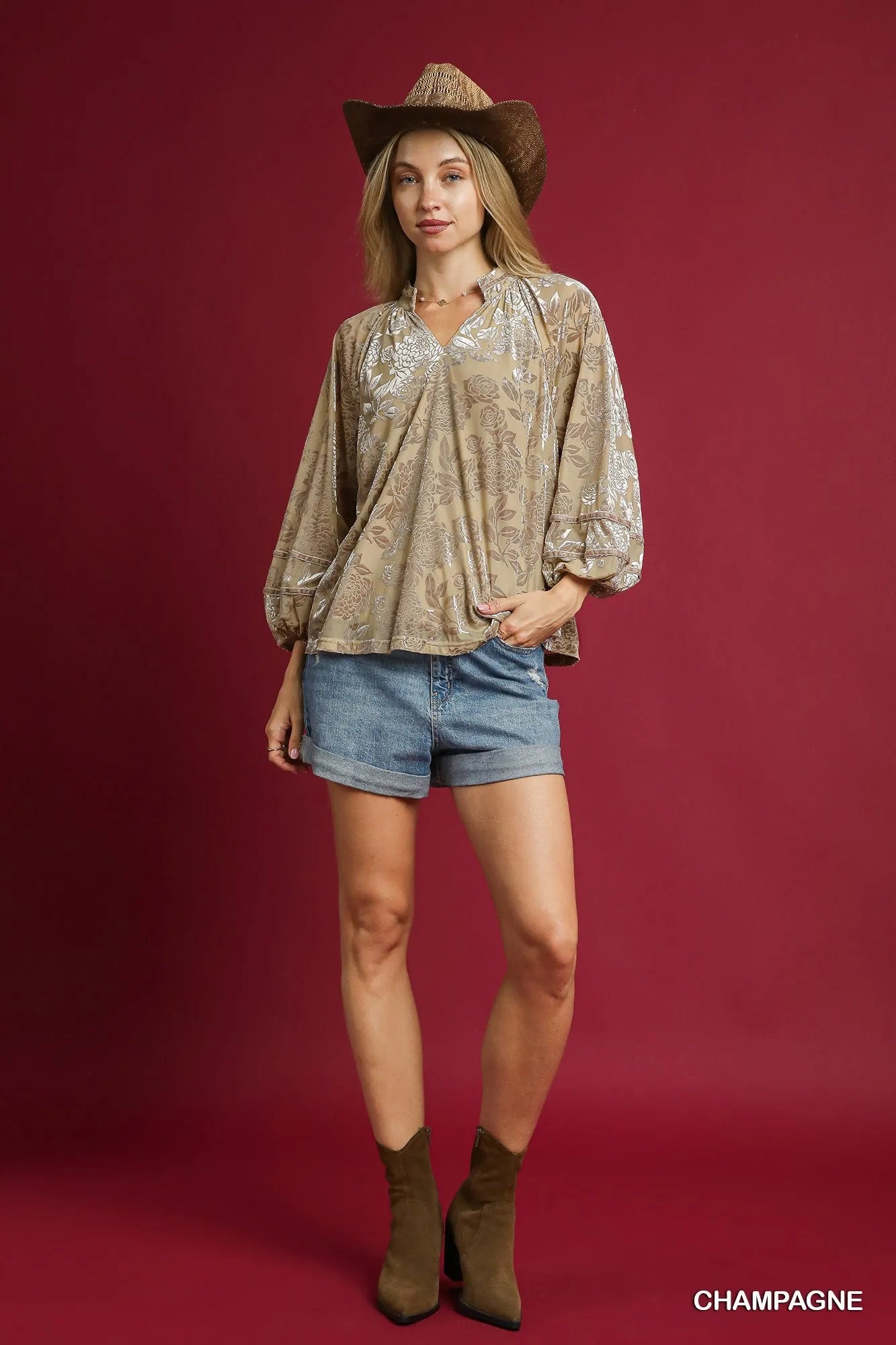 Umgee Champagne Floral Velvet Burnout Blouse with Balloon Sleeves