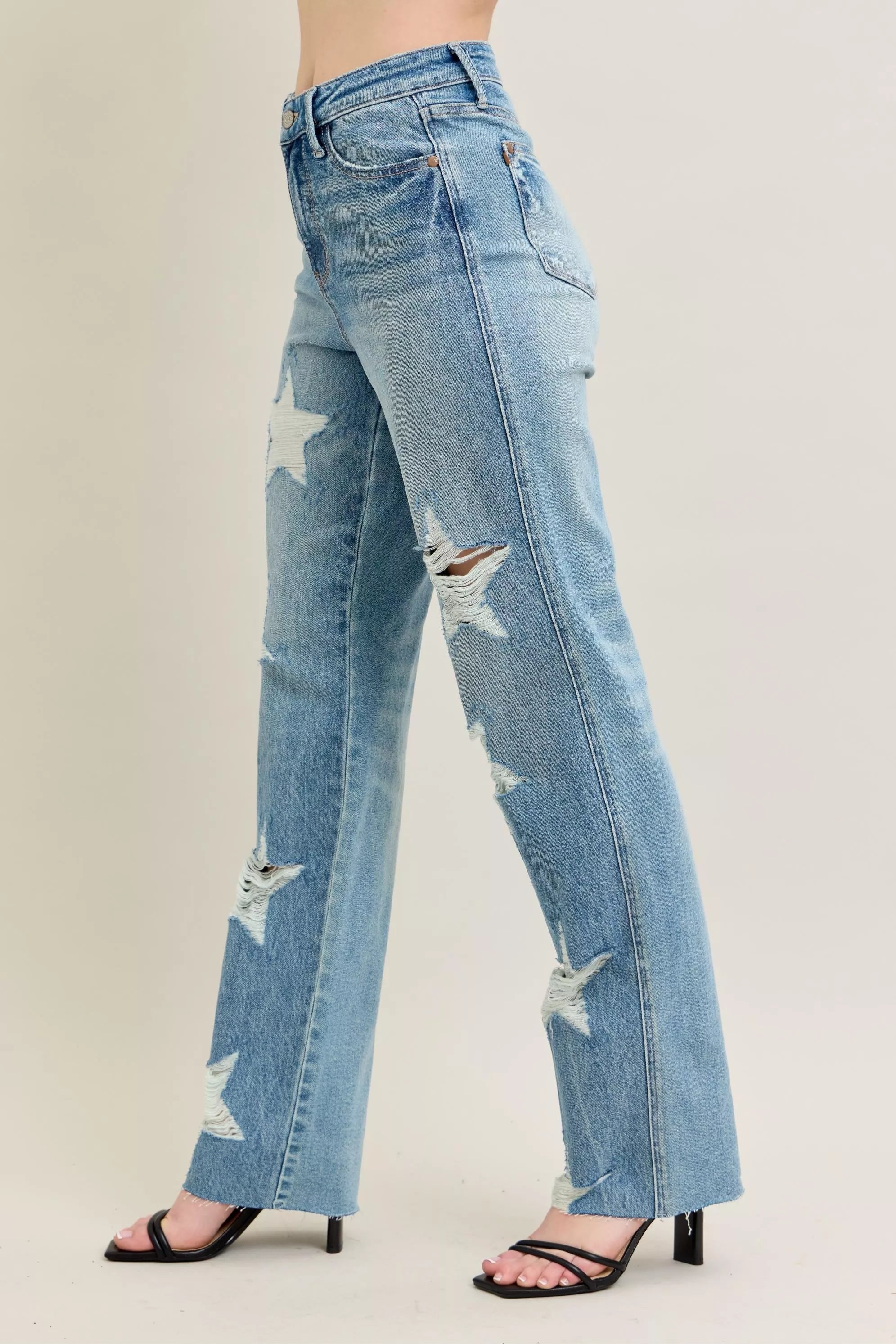 Judy Blue High Waist Rigid Magic Star Shaped Destroyed 90's Straight Jeans