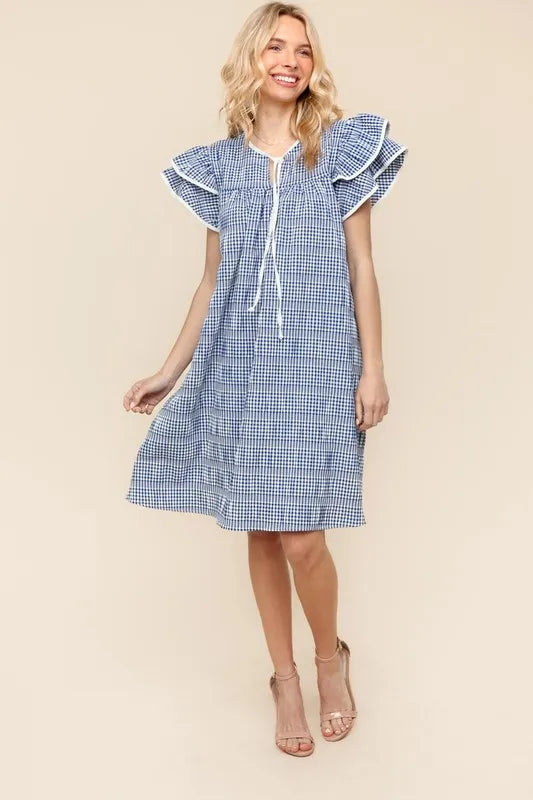 Haptics Navy Plaid Double Ruffle Sleeve Dress with Side Pockets
