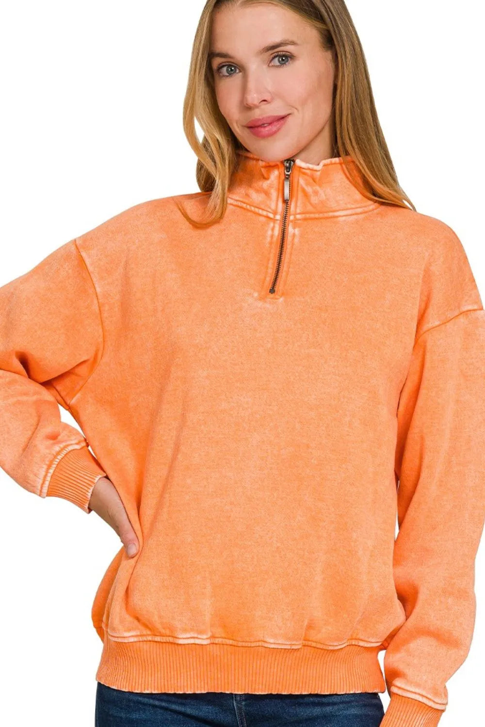 Zenana Light Orange French Terry Pigment & Enzyme Washing Half Zip Top