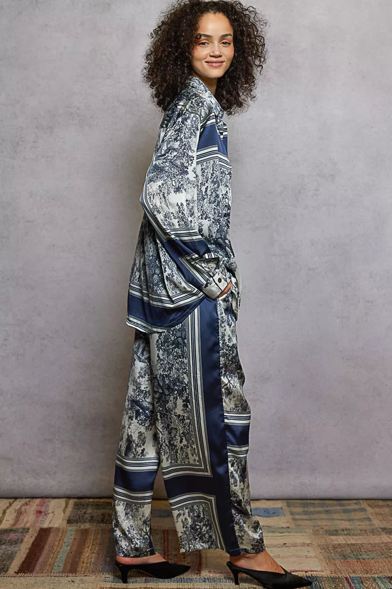 POL Ivory & Navy Floral Printed Woven Wide Leg Drawstring Pants