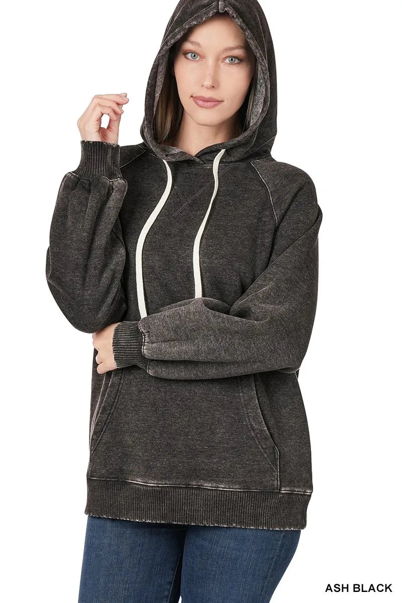 Zenana Ash Black Acid Wash Fleece Hoodie with Drawstring