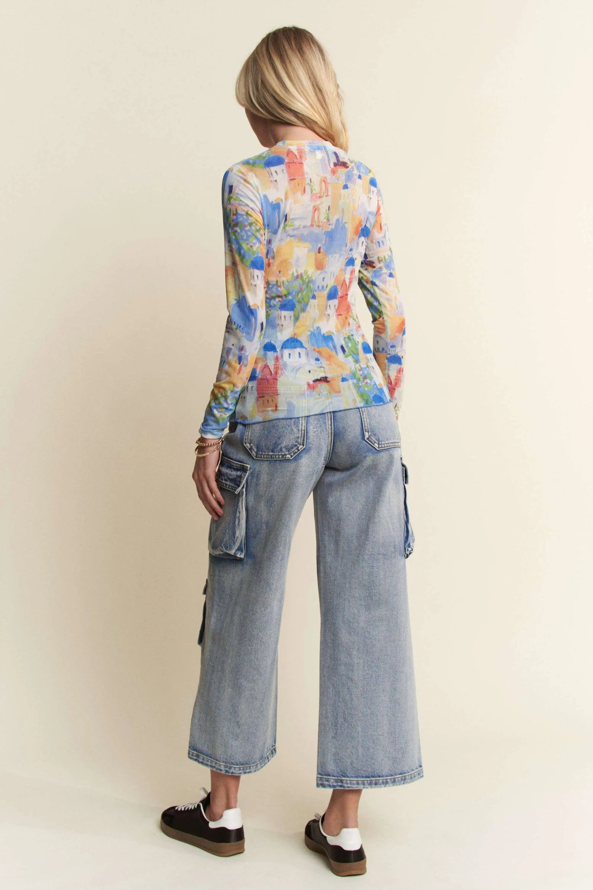 Davi & Dani Cobalt Multi Printed Mesh Round Neck Long Sleeve Top