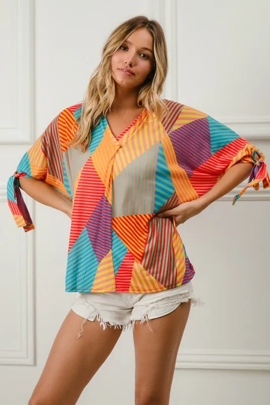 BiBi Multi Color Stripe Block Printed Jersey Blouse with Tied Sleeves