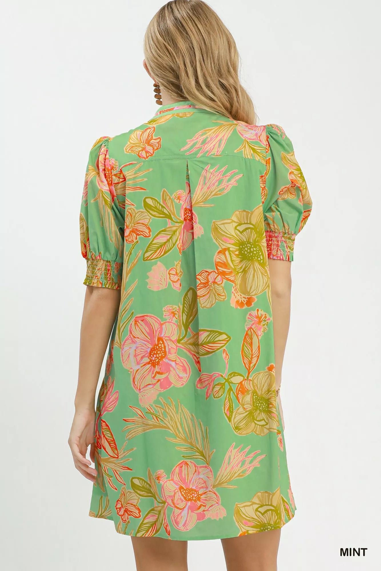 Umgee Mint Botanical Print Dress with Smocked Cuffs