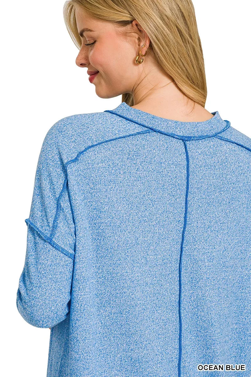 Zenana Ocean Blue Melange Hacci Exposed Seam Hi-low Top