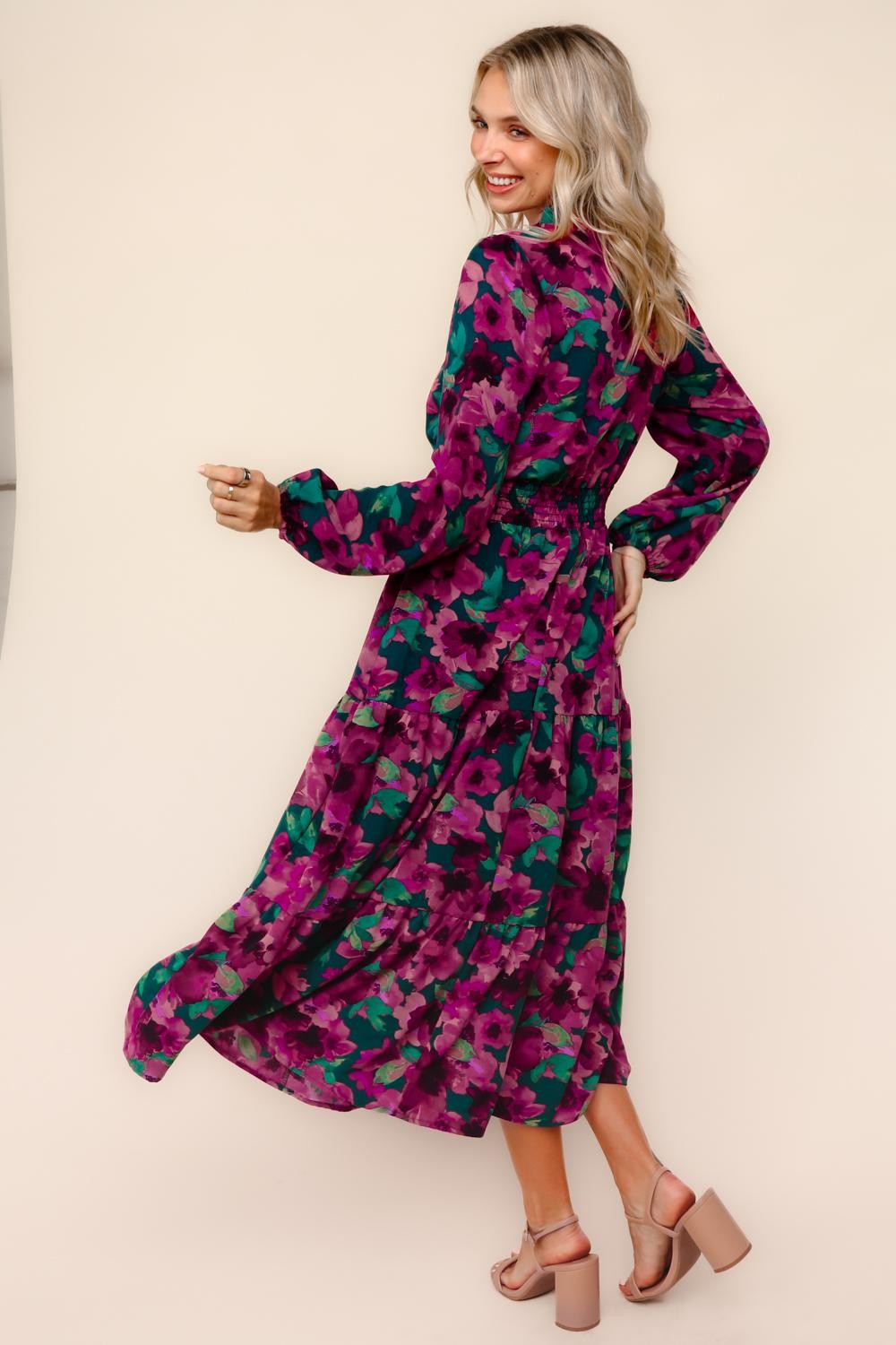 Haptics Watercolor Floral Fit And Flare Smocked Waist Maxi Dress