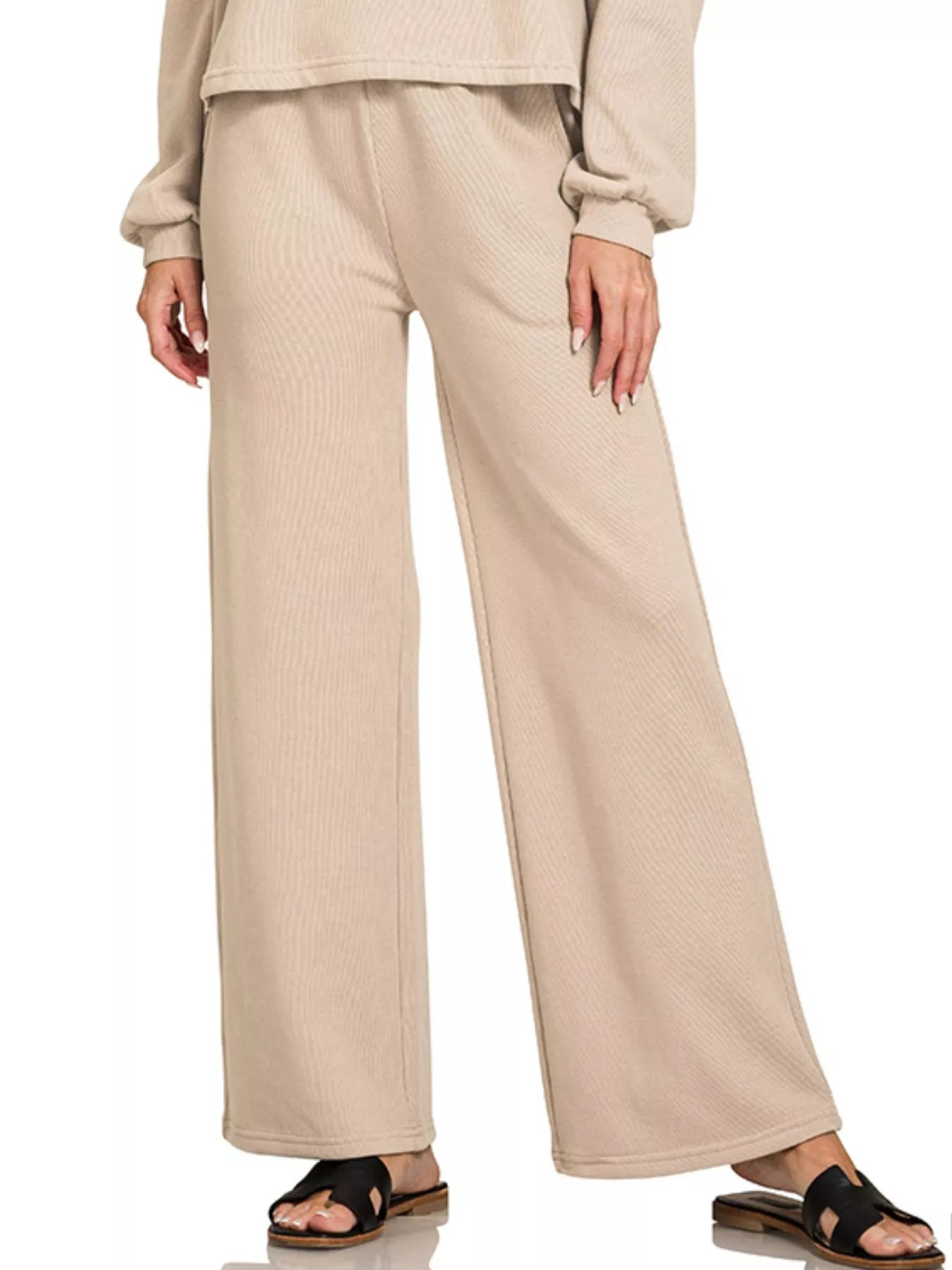 Zenana Beige French Rib Pullover and Pants Set