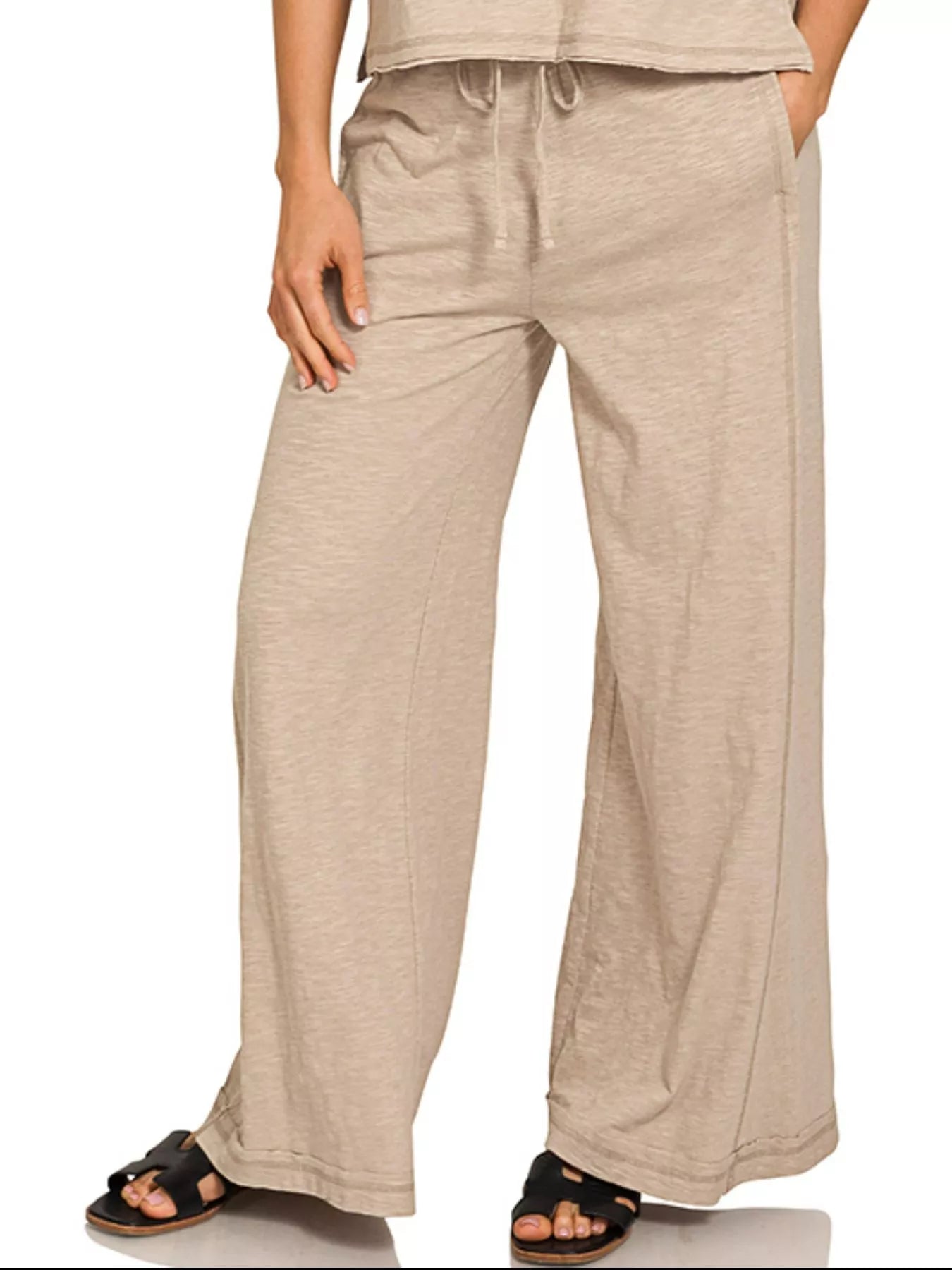 Zenana Ash Mocha Cotton Slub Short Sleeve Tee and Pants Set