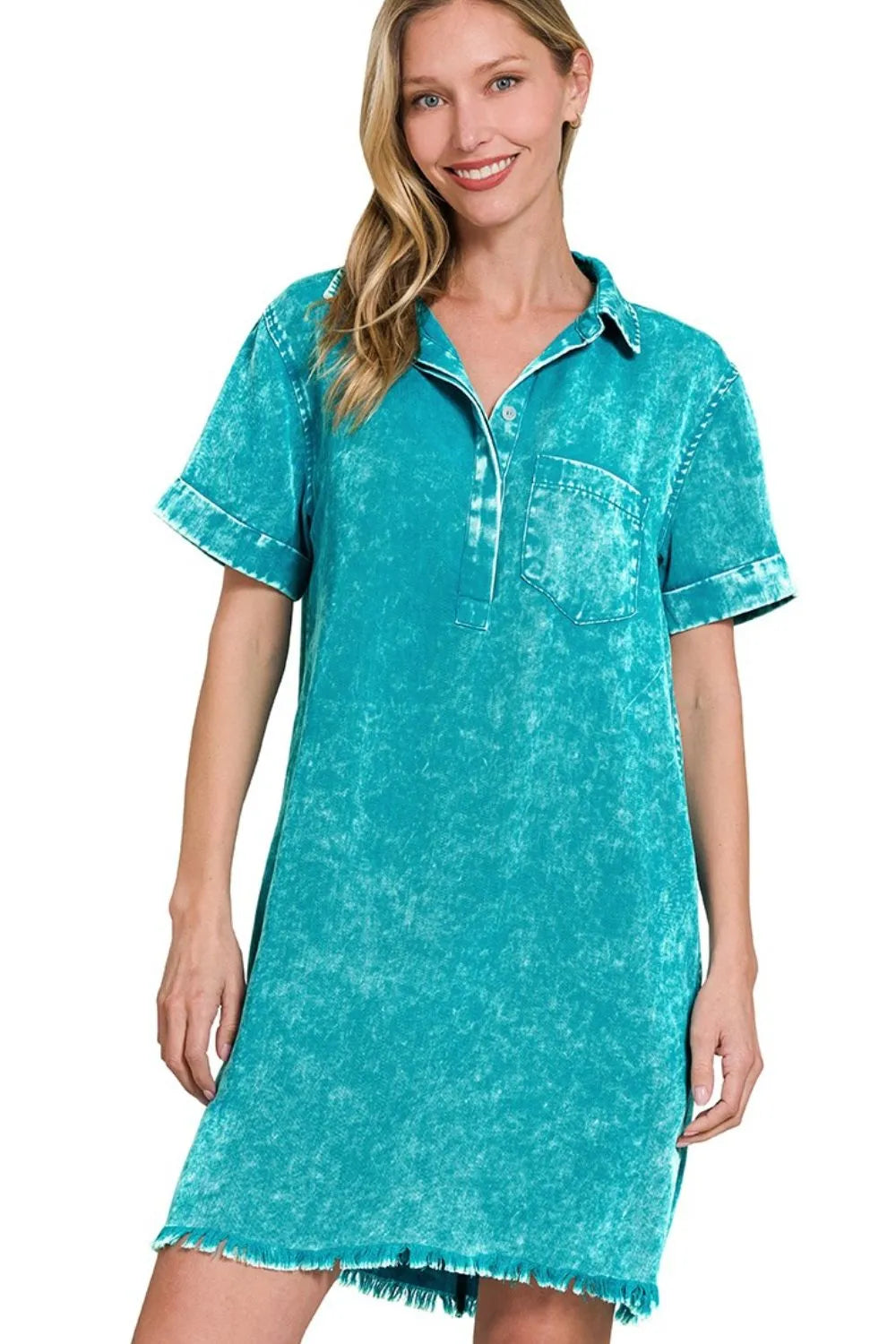Zenana Light Teal Tencel Mineral Washed Collared Shirt Dress LT TEAL