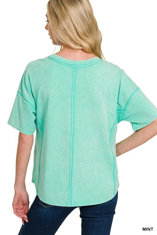 Zenana Mint Acid Washed Short Sleeve Tee & Shorts Set