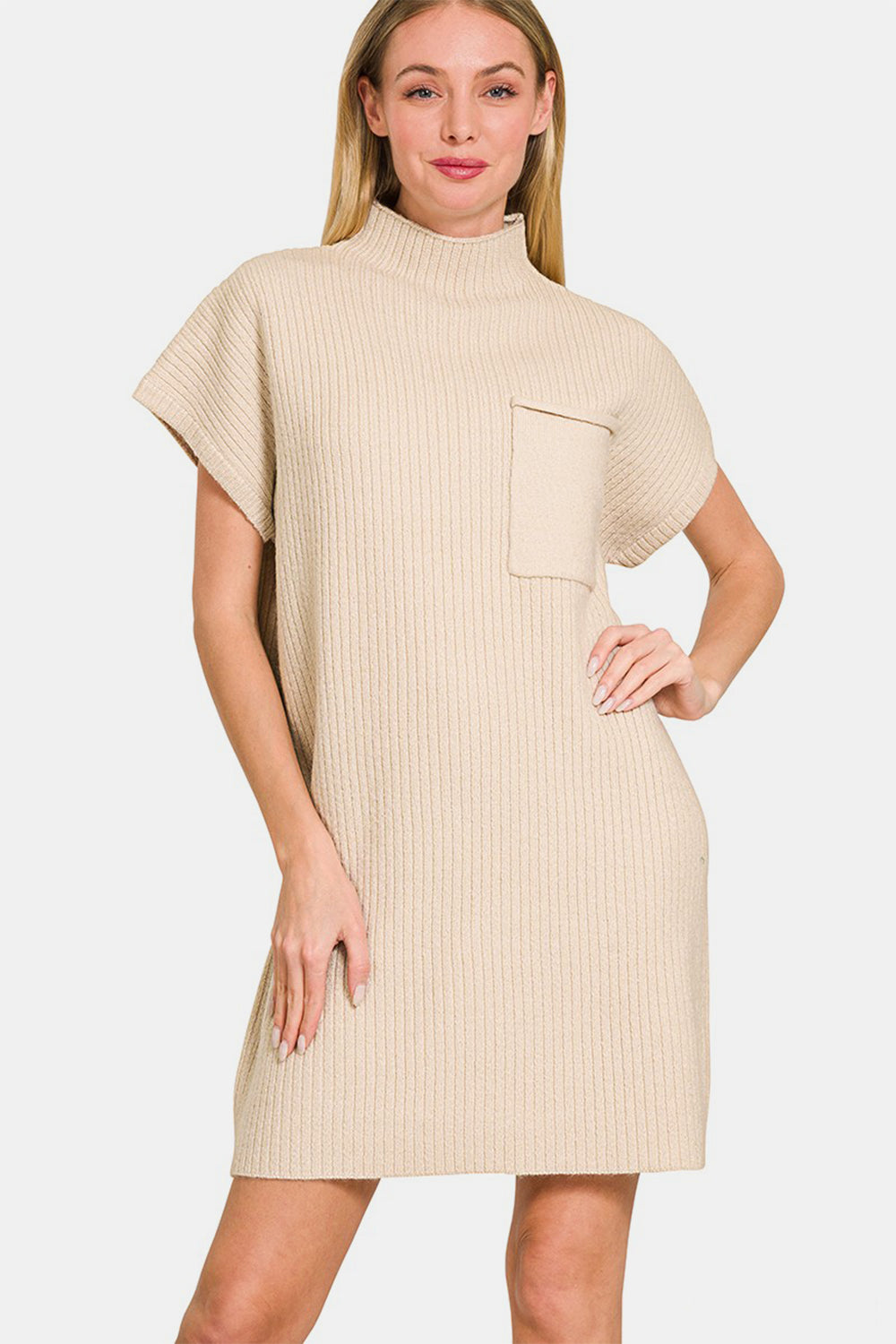 Zenana Sand Beige Short Sleeve Sweater Mini Dress Sand Beige Dresses