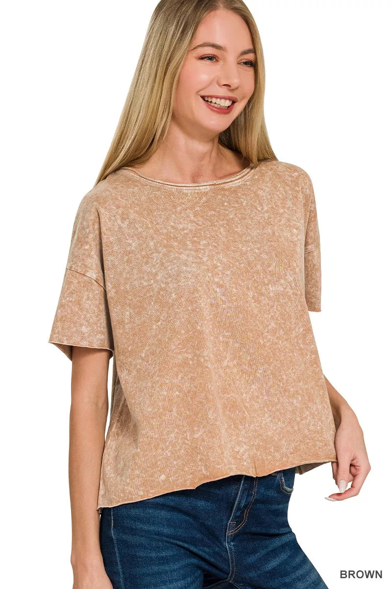Zenana Brown Halo Washed Cotton Short Sleeve Top BROWN