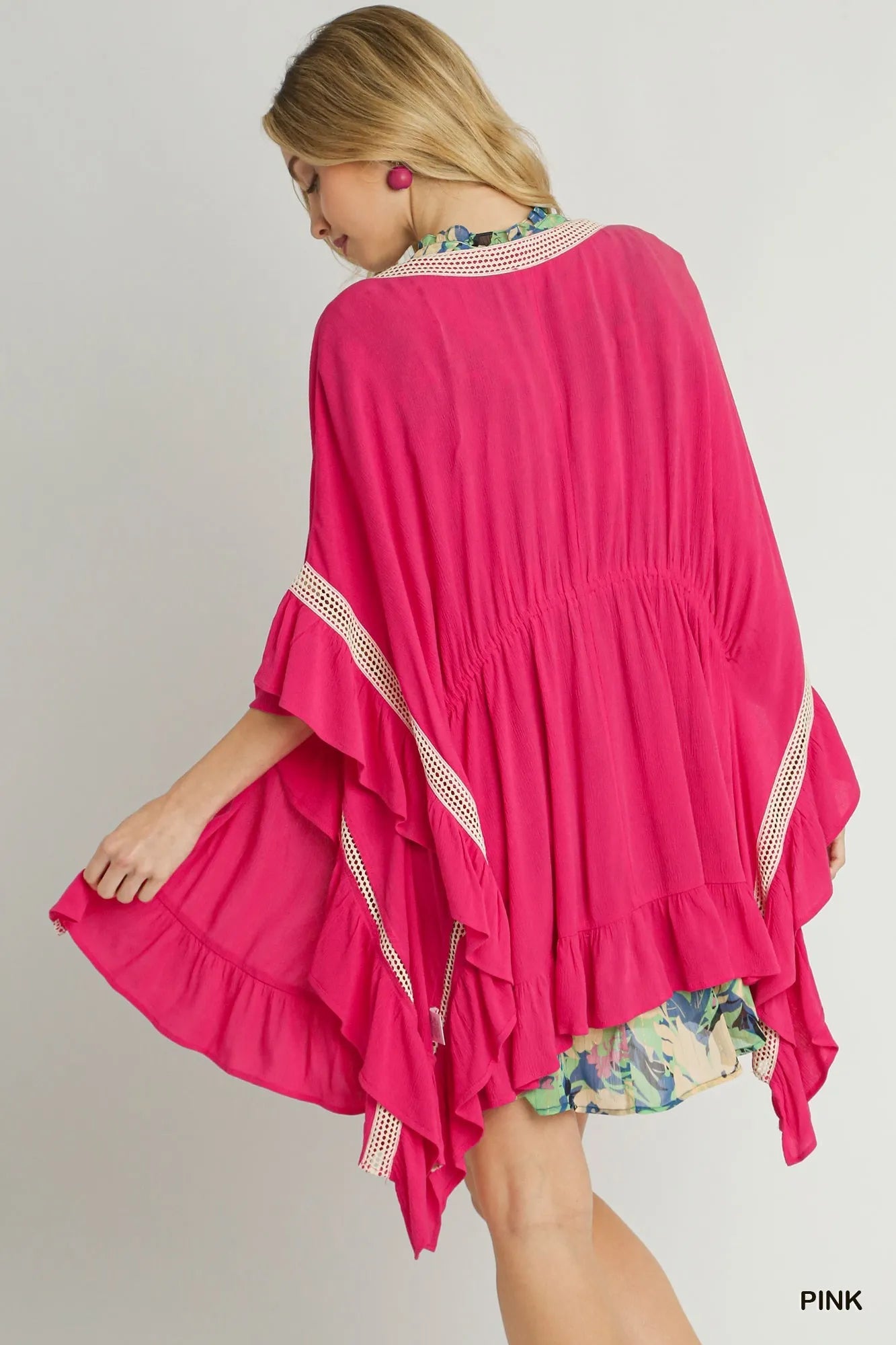 Umgee Pink Ruffle Trim Kimono with Crochet Accent