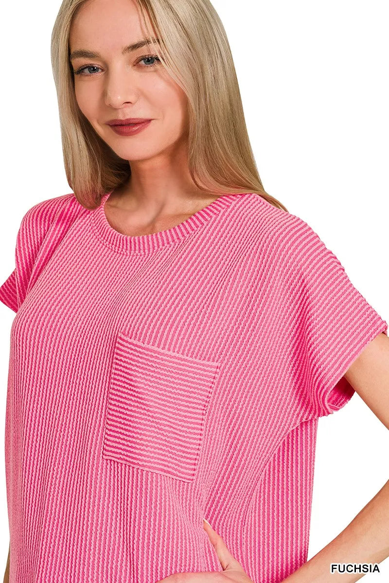 Zenana Fuchsia Raised Rib Front Pocket Boxy Top