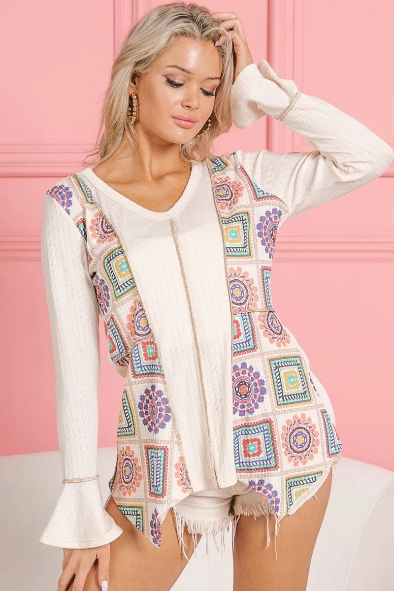 BiBi Cream Granny Square Print Contrast Annie Rib V Neck Top