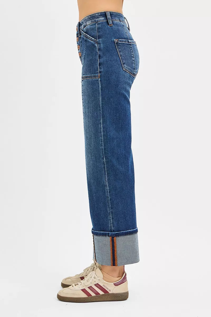 RISEN Dark Washed High Rise Crop Wide Straight Cuffed Jeans