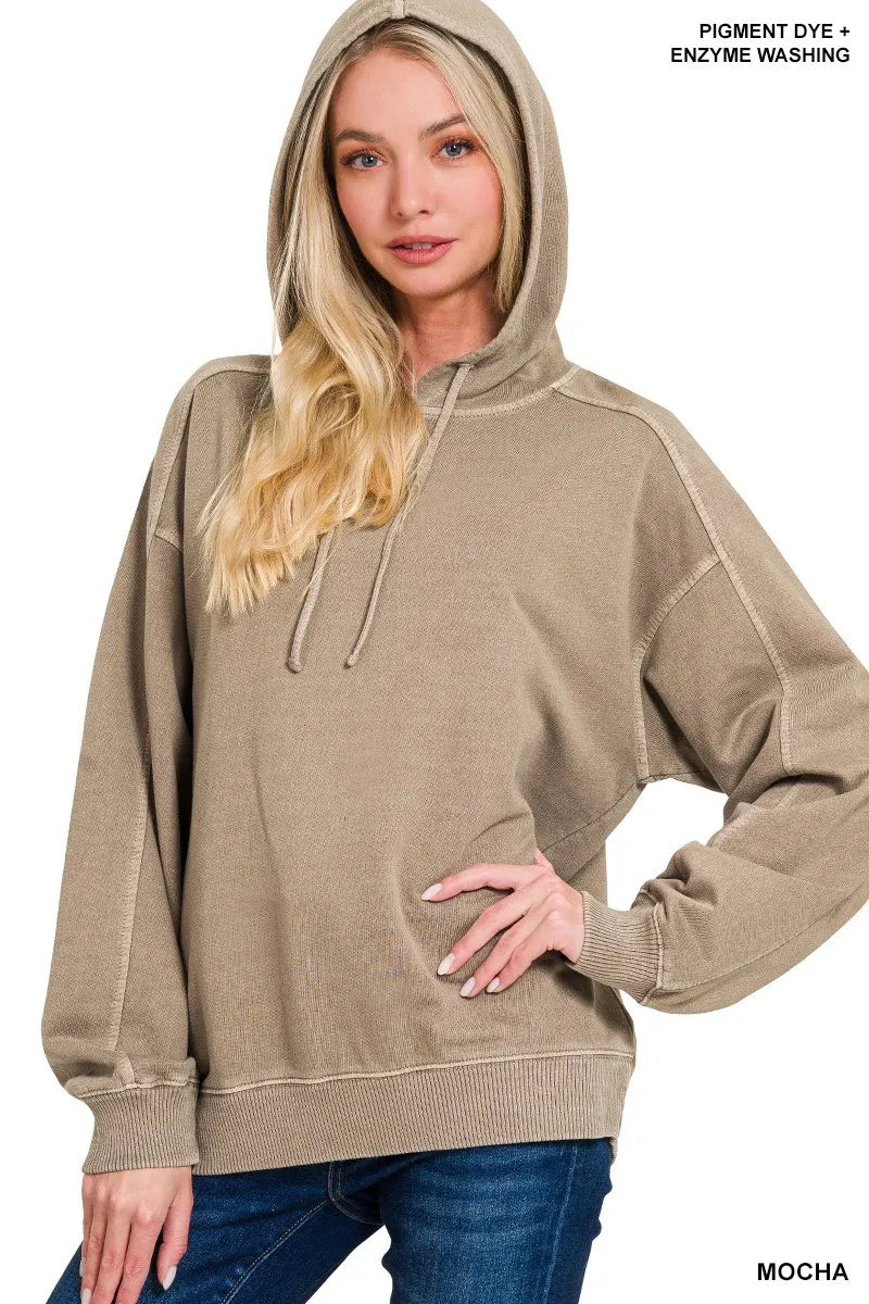 Zenana Mocha French Terry Pigment Dye & Enzyme Washed Hoodie