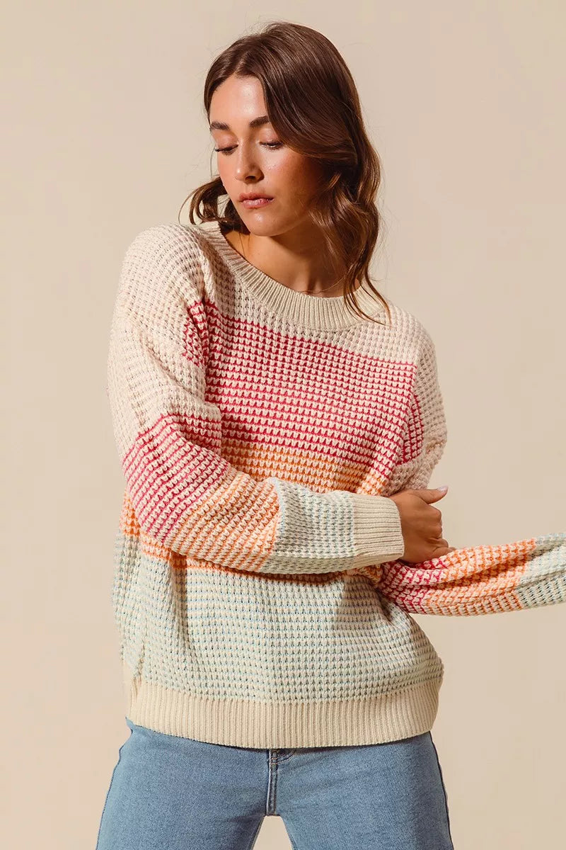 SO ME Oatmeal Combo Multi Color Block Long Sleeve Sweater