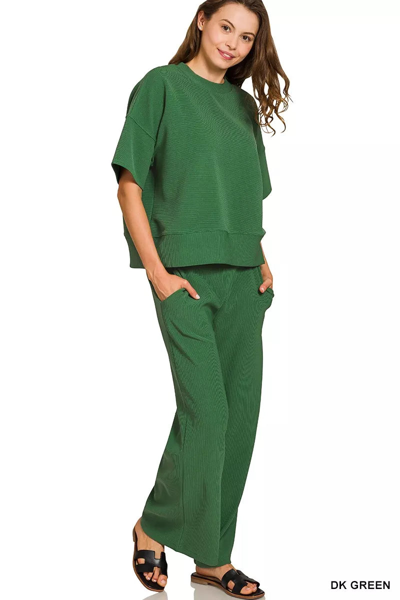 Zenana Dark Green Ribbed Round Neck Short Sleeve Tee & Pants Set