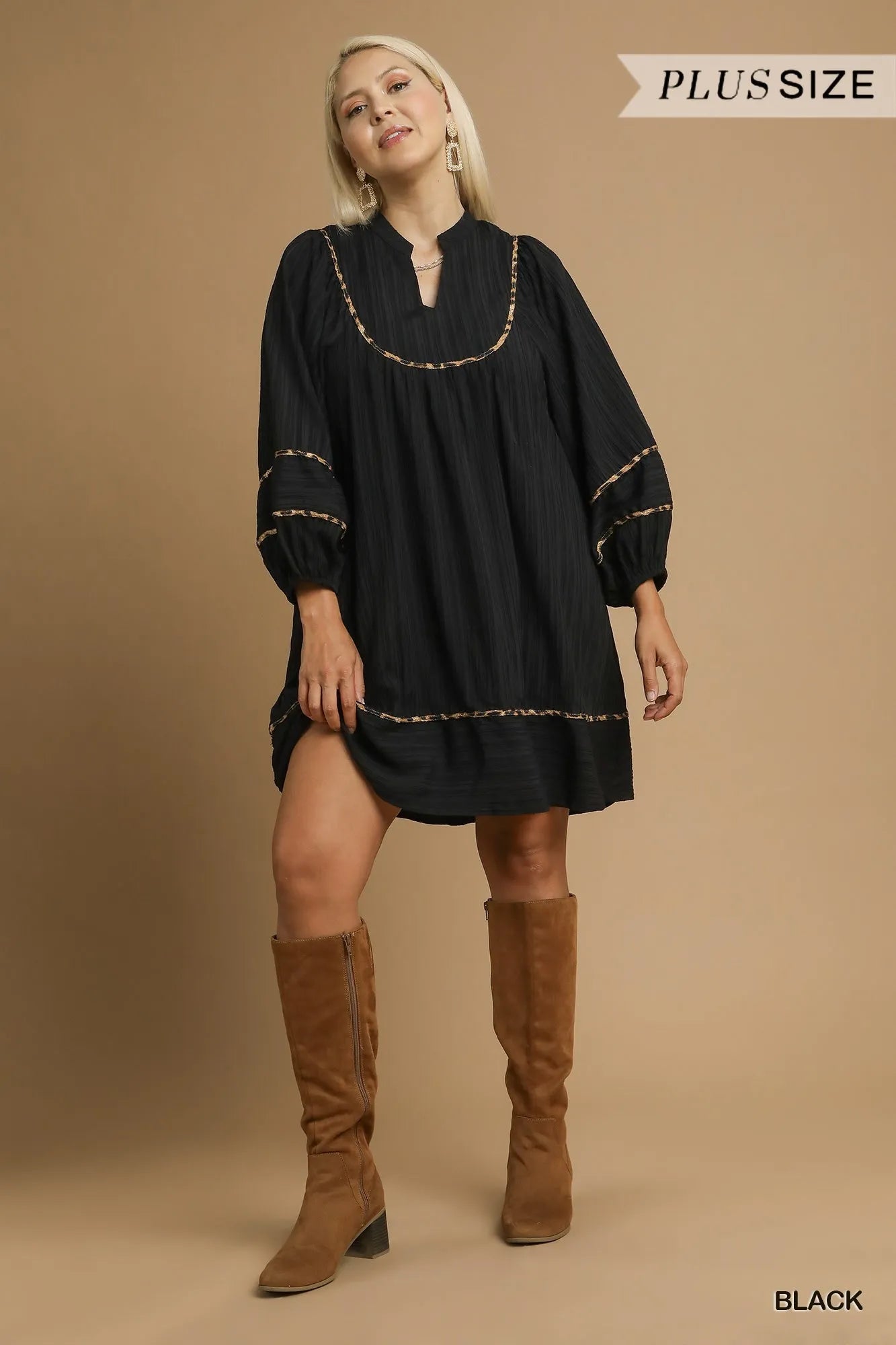 Umgee Black Textured Babydoll Dress with Leopard Trim