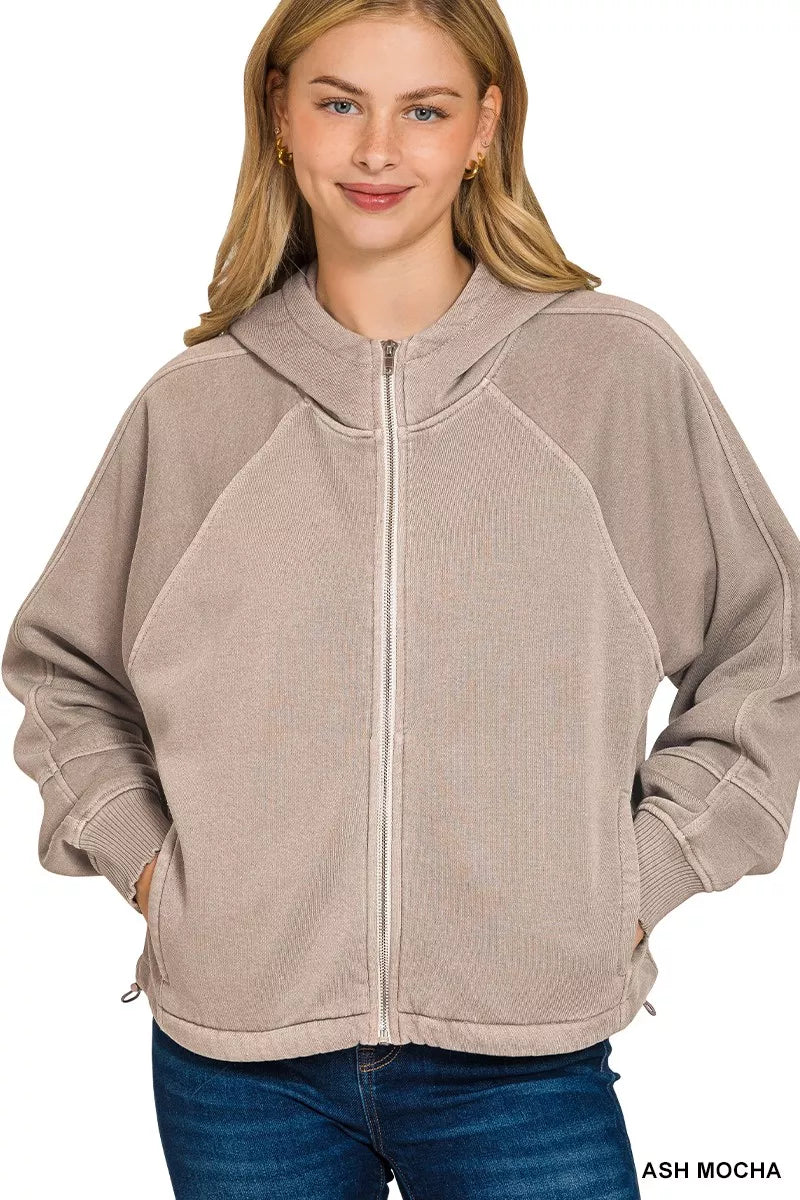 Zenana Ash Mocha Fleece Pigment Dye Zip Up Hoodie with Pockets ASH MOCHA