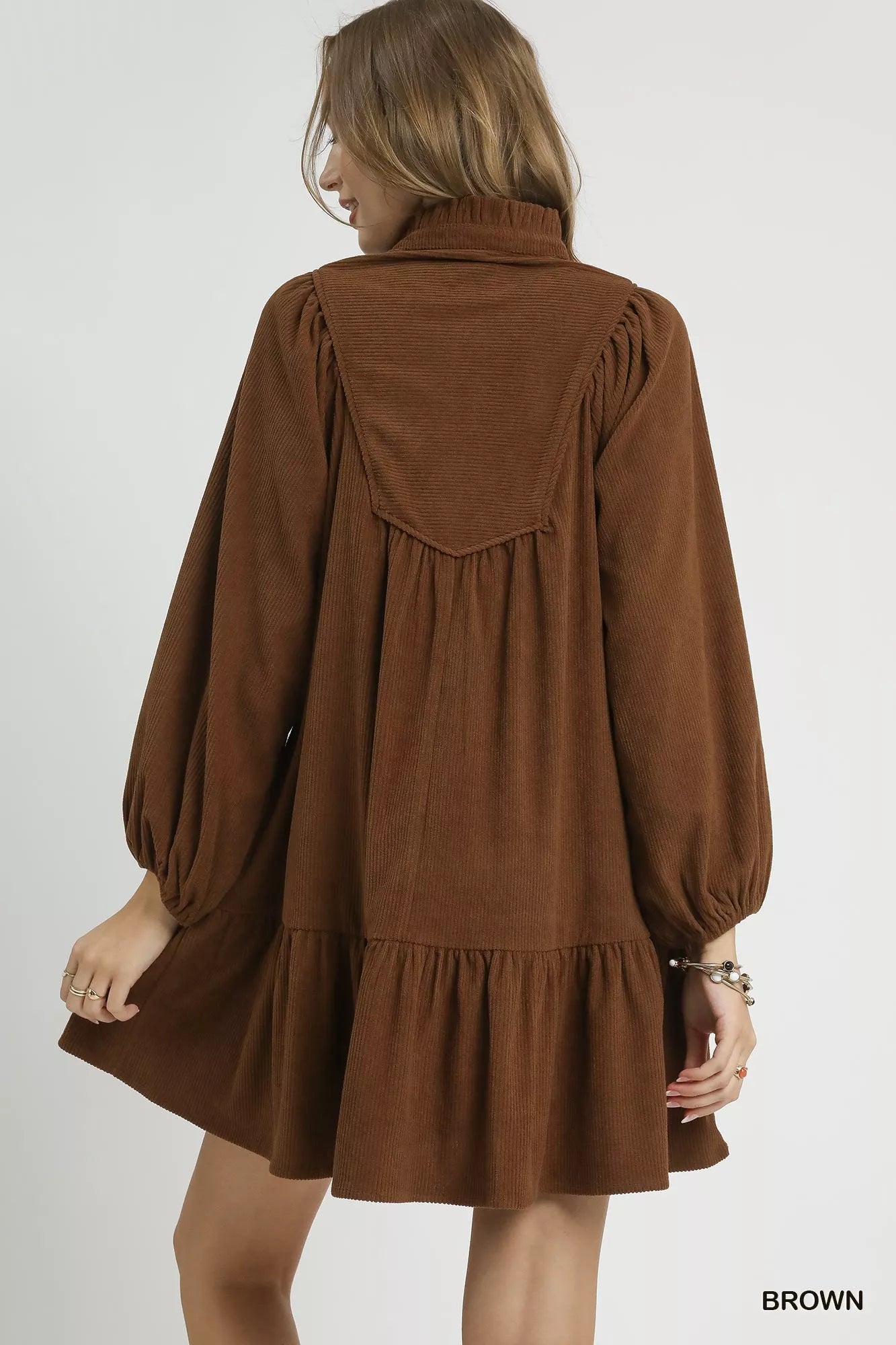 Umgee Brown Corduroy Tiered Babydoll Dress