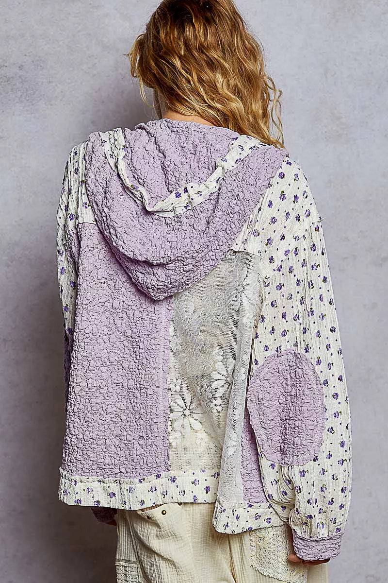 POL Lavender Floral Balloon Sleeve Hooded Lace Jacket with Stitch Detail