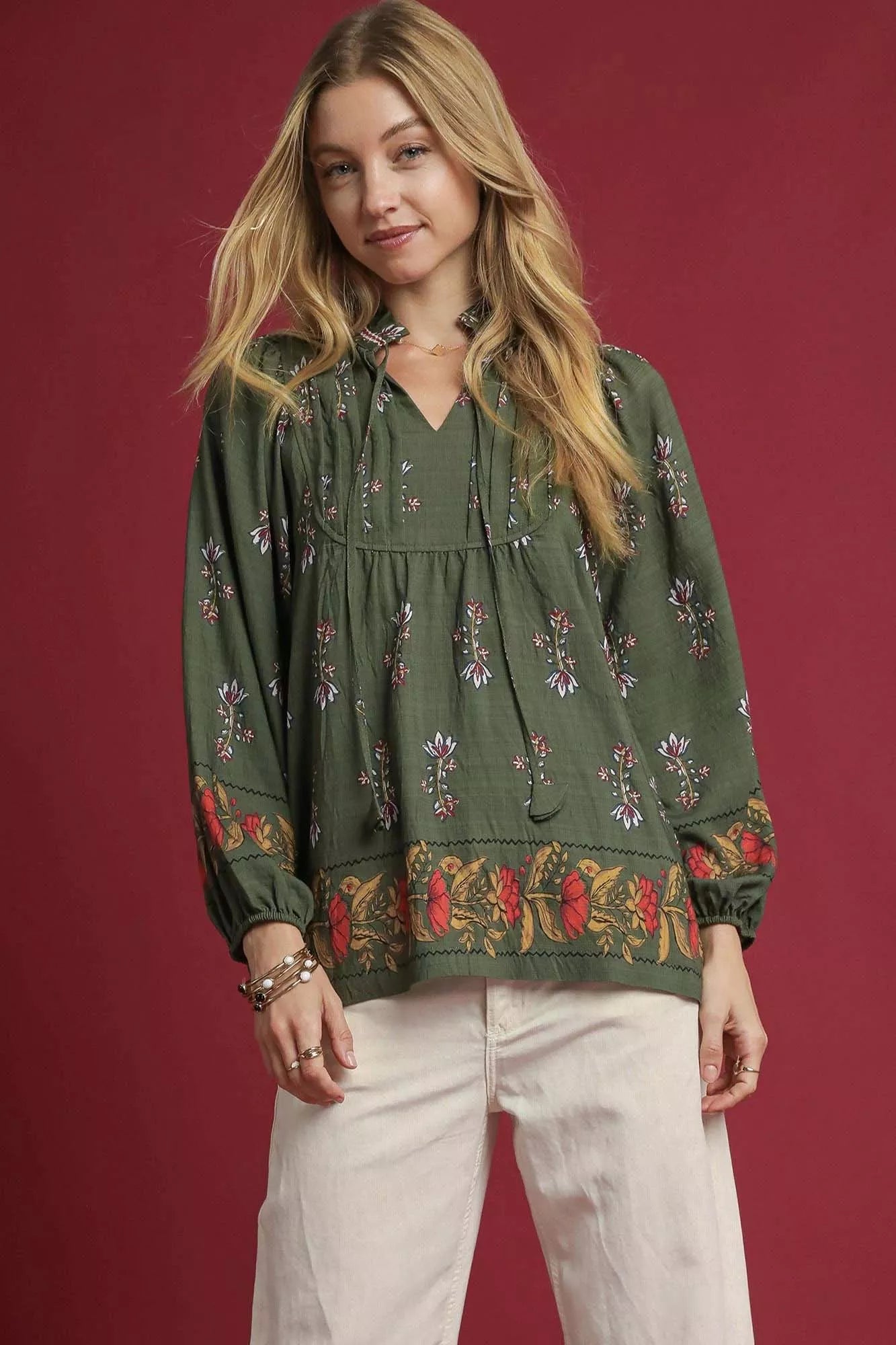 Umgee Forest Green Floral Boho Peasant Blouse FOREST GREEN