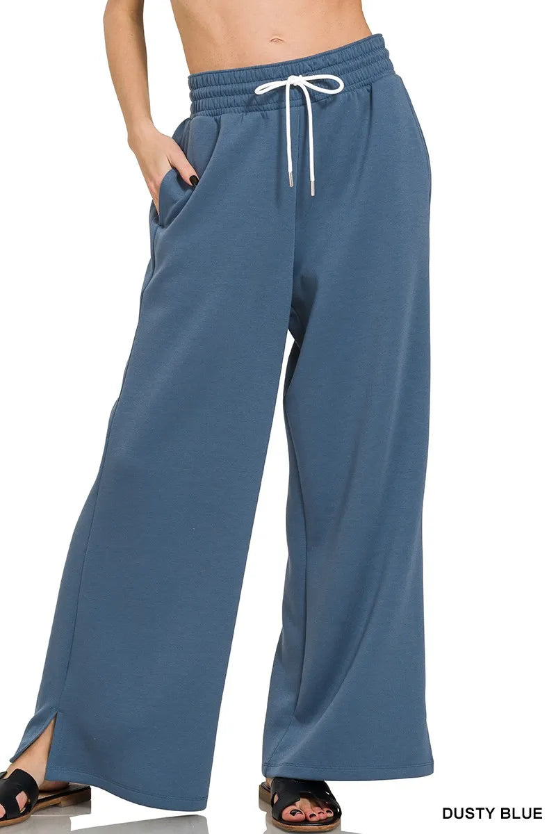Zenana Dusty Blue Scuba Drawstring Wide Leg Pants