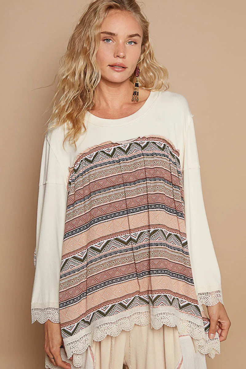 POL Buttermilk Bohemian Geometric Print Long Sleeve Top with Lace Trim BUTTER MILK
