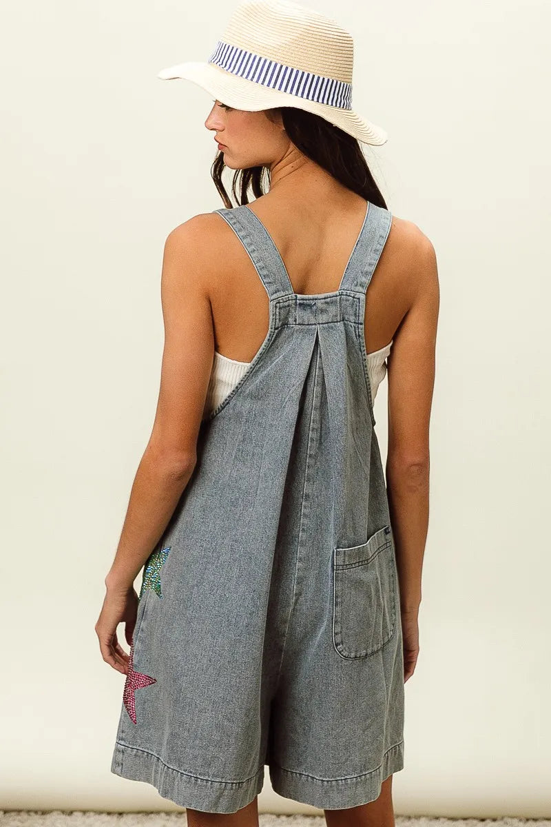 BiBi Star Rhinestone Washed Wide Leg Shortalls