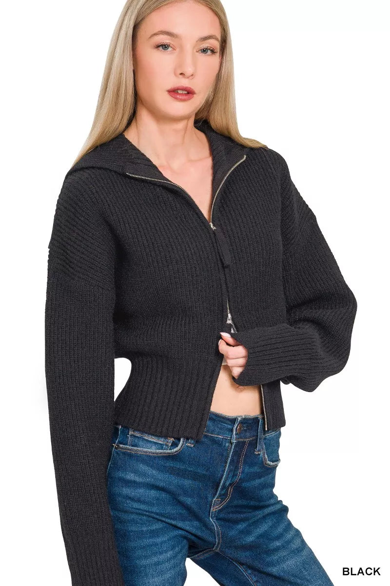 Zenana Black Ribbed Collared Zip Up Sweater Cardigan