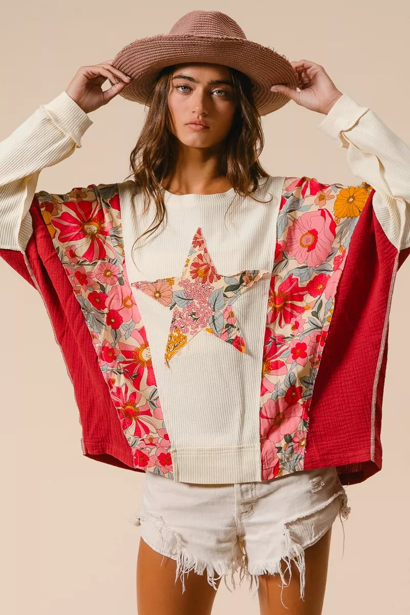BiBi Floral Print Mixed Star Patch Round Neck Sweatshirt